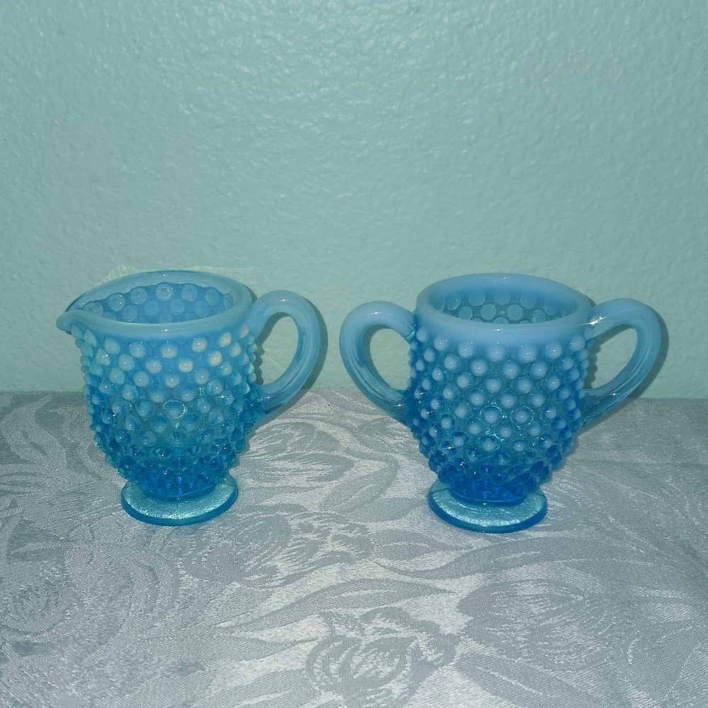 Vintage Fenton Hobnail Blue Opalescent Cream and Sugar Set